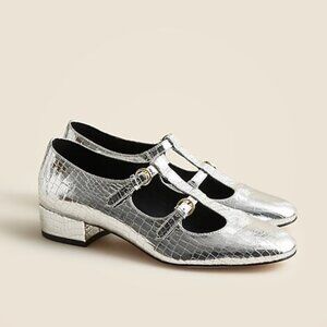 NWOT   J. Crew Teagan T-strap Heels in Metallic Croc-Embossed Leather 7.5M